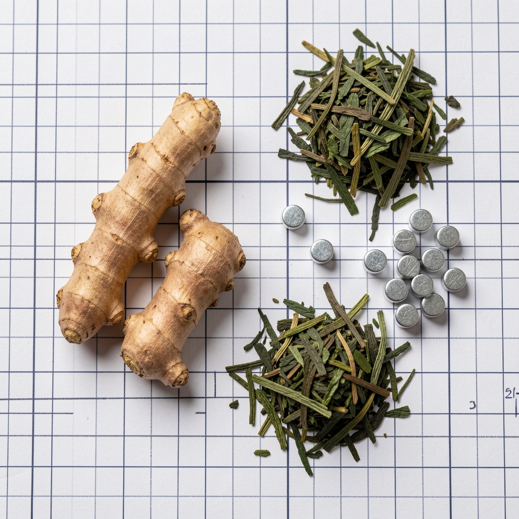 Overhead view of natural herbal ingredients including ashwagandha root, green tea leaves, and zinc pellets arranged on a blueprint-style grid paper background