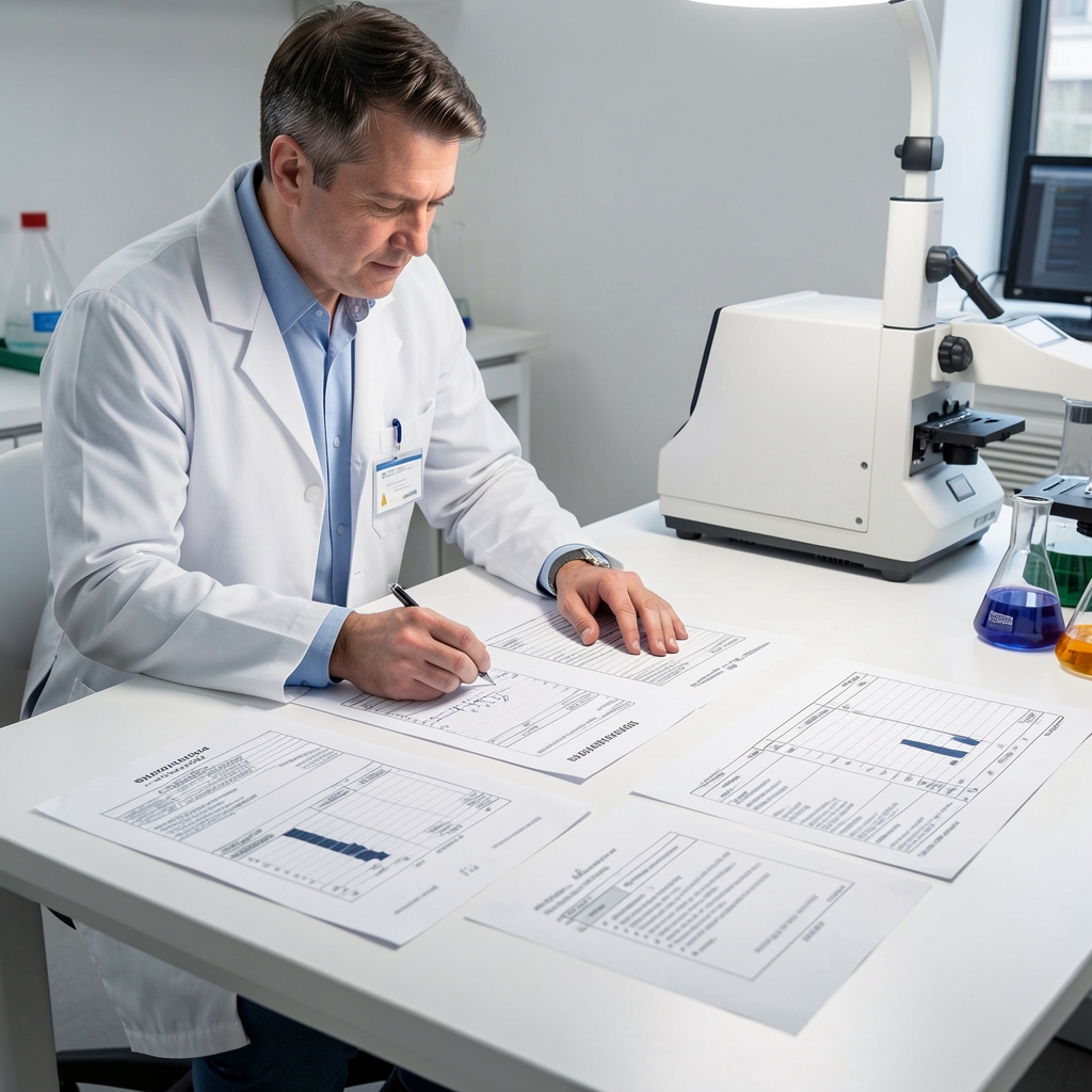 Independent laboratory analyst reviewing printed batch analysis documents spread flat on a white table under studio lighting