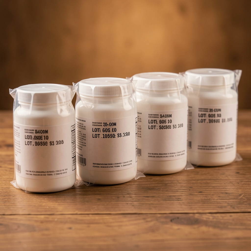 Sealed batch of supplement containers with printed lot code labels arranged in a row on a wooden surface under warm controlled lighting
