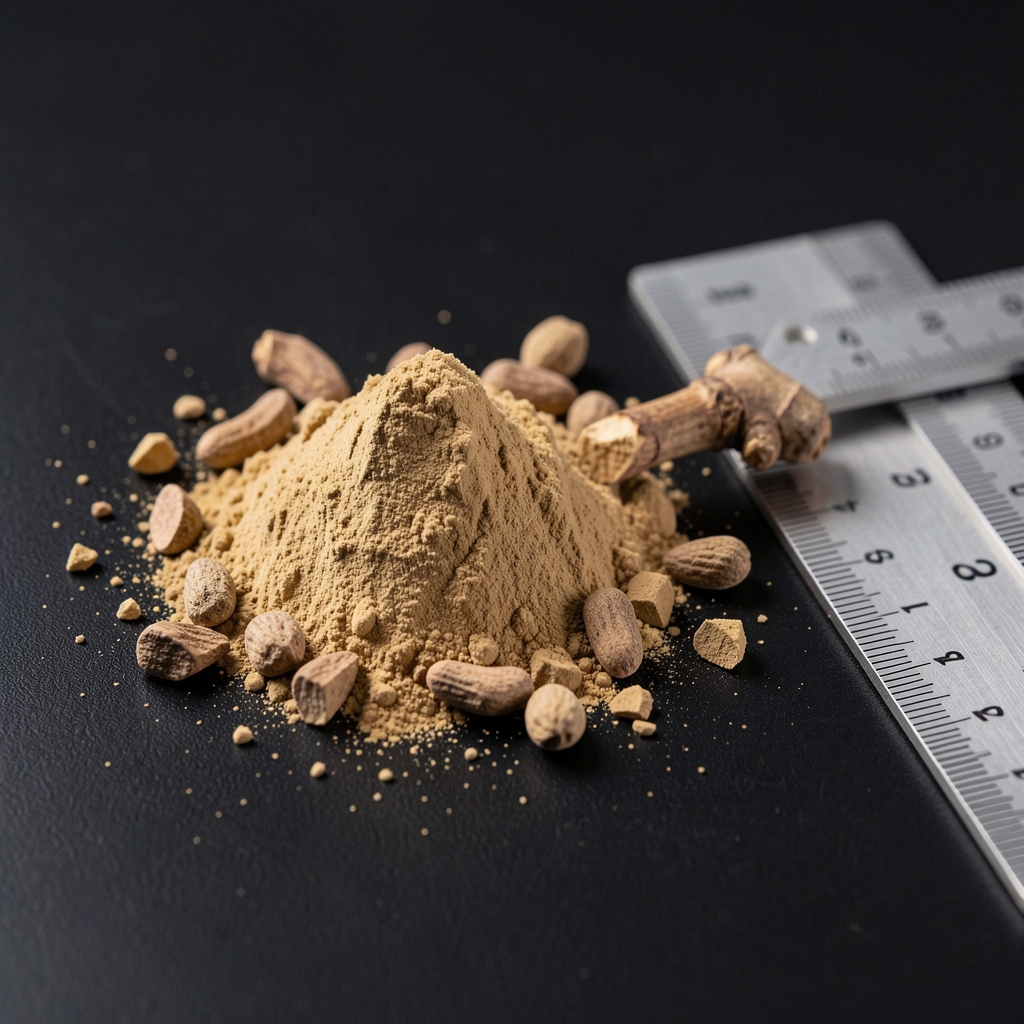 Close-up of loose adaptogenic root powder and ashwagandha fragments on a matte black surface, with measurement tools and a ruler visible beside them in quality-control environment lighting