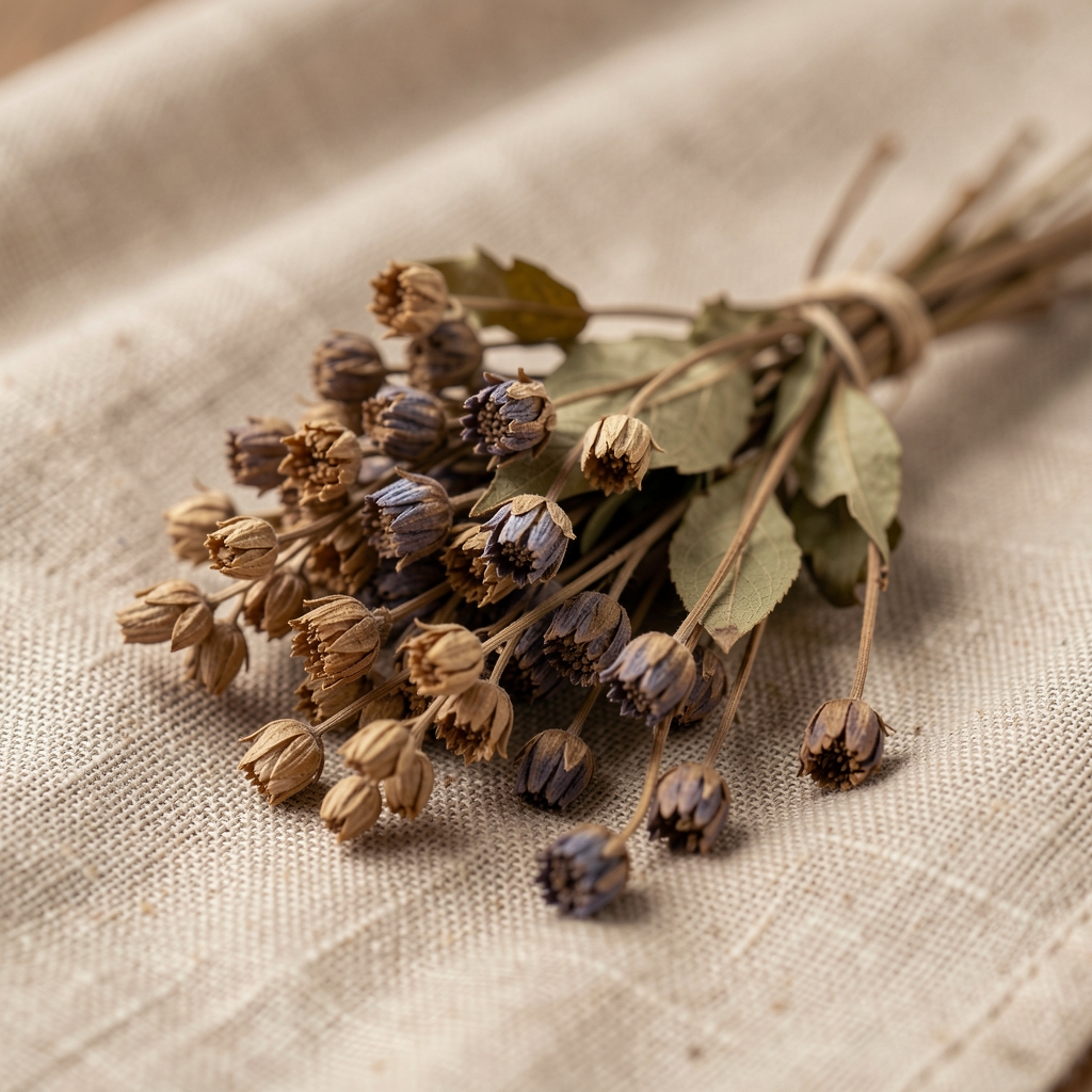 Close-up of botanical dried plant material on a natural linen cloth, macro photography with shallow depth of field